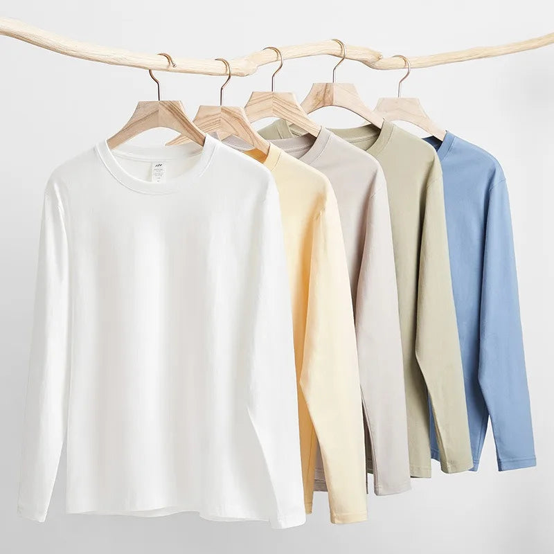 2025 High Quality 100% Cotton Men's Long Sleeve T-shirts Custom Logo White T-shirt with Solid Pattern 230gsm Custom Neck Size