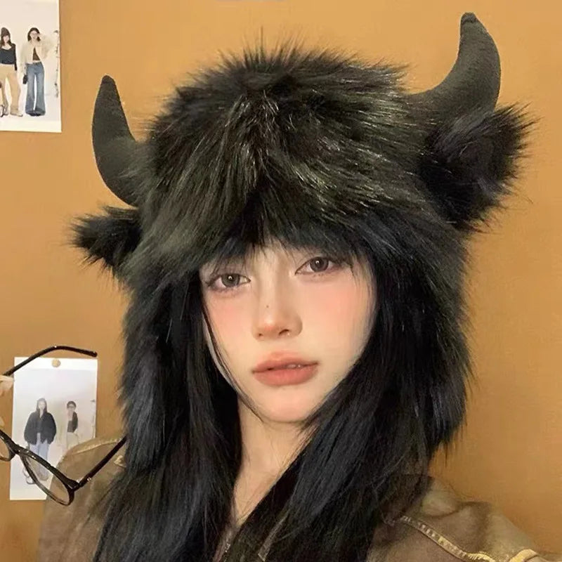 Large Black Horn Furry Russia Earflaps Winter Trapper Hat Men and Women Warm Ear protection Ox Headpiece aviator Hats