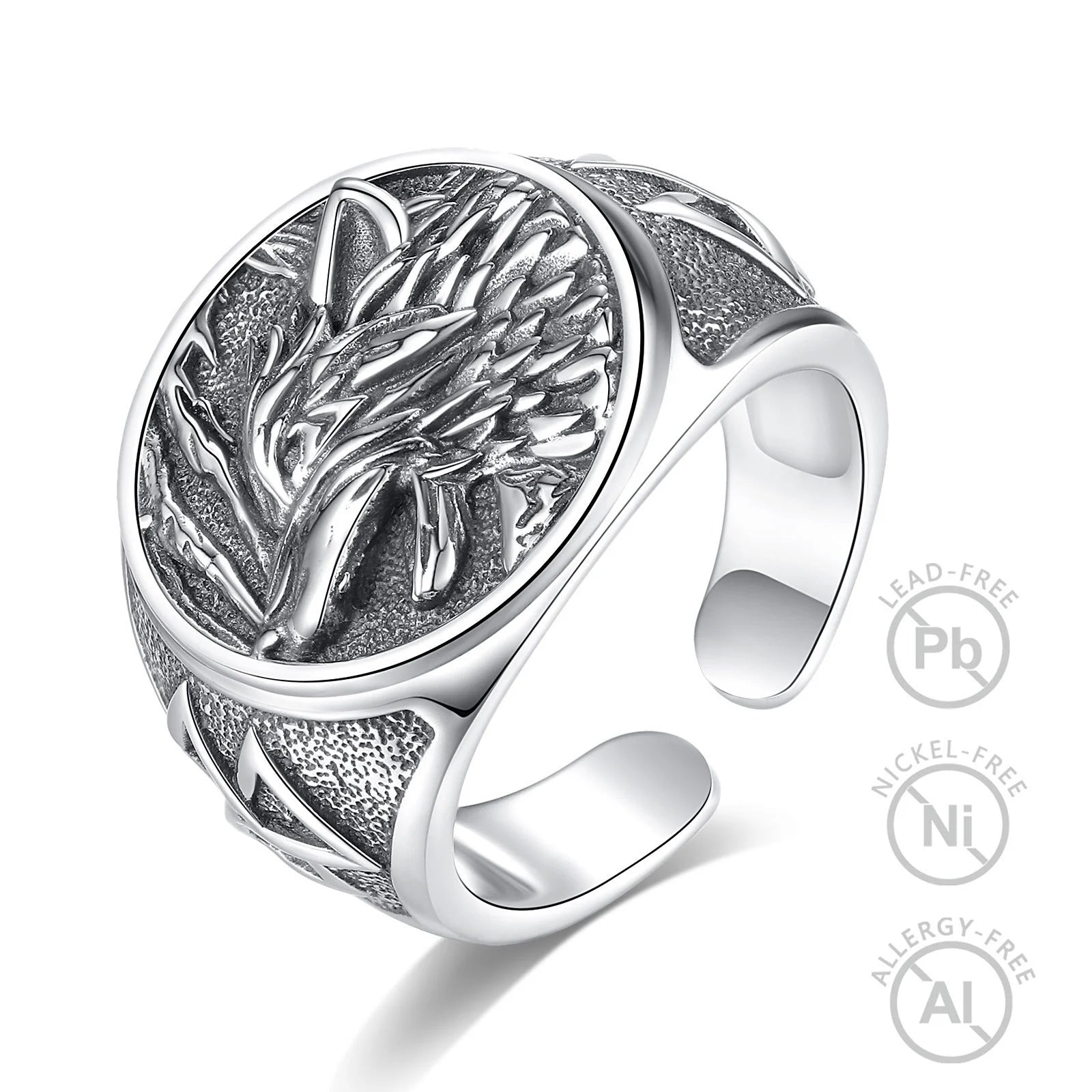 Viking Element 925 Sterling Silver Rings Vintage Embossment Design Wolf Head Chunky Open Ring for Men