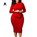 Women's Red Ruffle Trim Dress Long Sleeve Peplum Waist Midi Dress Casual Office Wear Bodycon Design Elegant Party Outfit