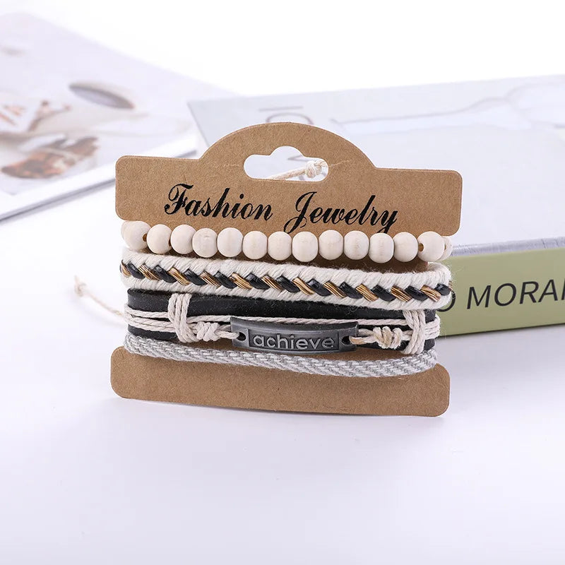 Achieve Letters Europe and America  Fashion White Beads Four-piece Suit Braided Rope Bracelet for Men