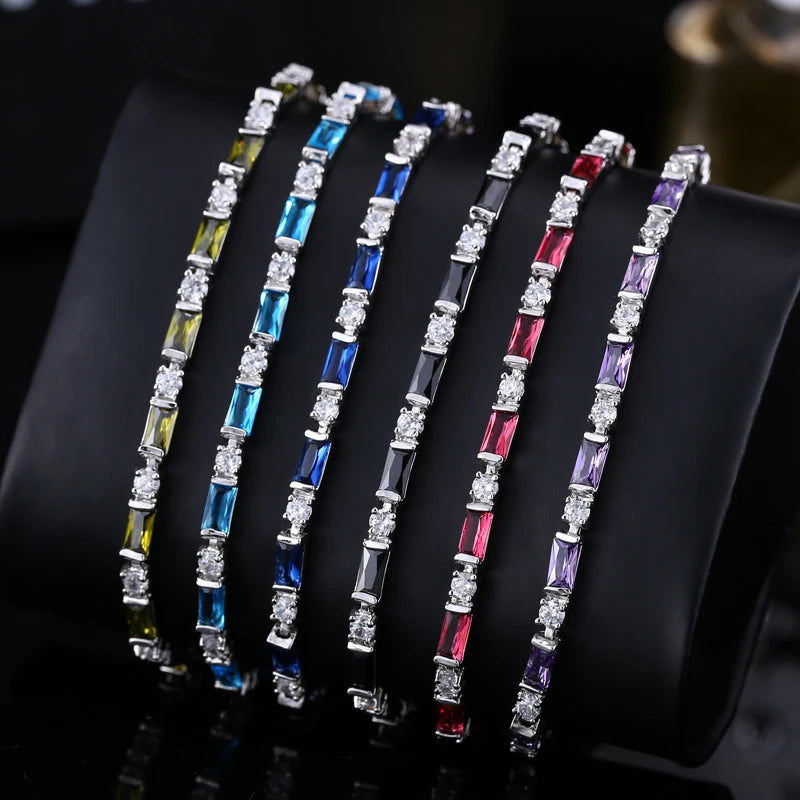 Fashion Silver Color Rectangle CZ Charm Lovely Red Blue Crystal Austrian Tennis Bracelets for Women Christmas New Year Gift