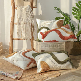 Factory Wholesale Boho Tufted Throw Pillow Cover with Striped Cotton Canvas Embroidered Cushion Cover for Couch Sofa