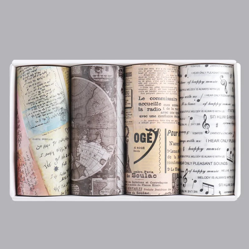 Retro and Paper Wash Tape DIY Decorative Hand Account Sticker with Bottom Paper Creative Map Musical Note Newspaper Tape 4 Rolls