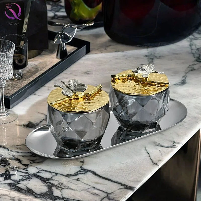 Decorative Butterfly Candy Jar With Golden Lid Dressing Table Jewelry Box Clear Gray Glass Storage Jar for Modern Home Decor