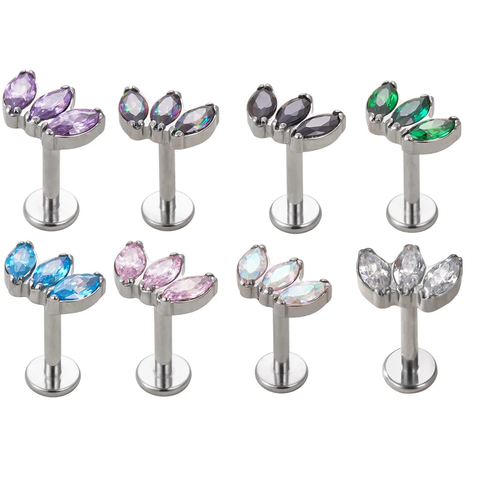 Fashion New ASTM F136 Titanium 3 Marquise CZ Set Curve Top Piercing Internally Threaded Jewelry Labret Earring