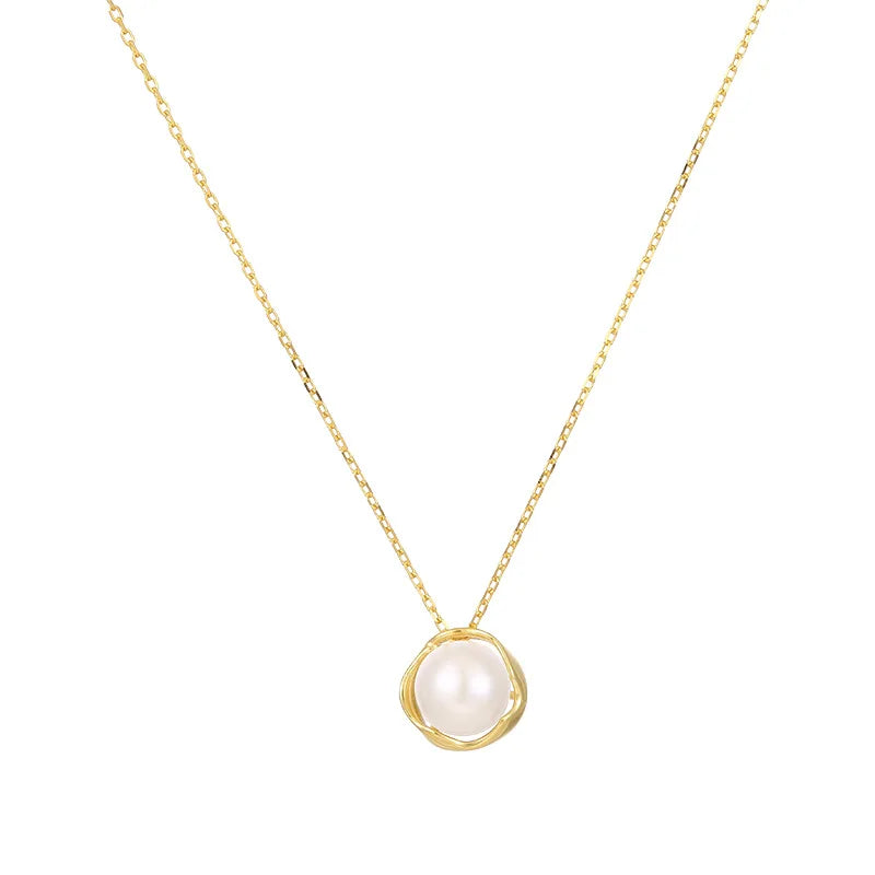 Fashion 925 Silver Jewelry Wholesale 925 Sterling Silver Necklaces Round Pearl Gold Plated Necklaces Women Valentine's Day Gift