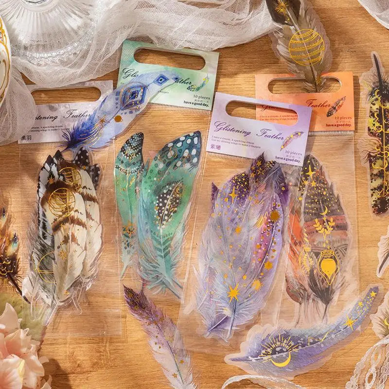 10pcs/pack Pet Stickers Flash Feather Series Special-Shaped Large Size Bronzing Gliding Journal Decoration Stickers