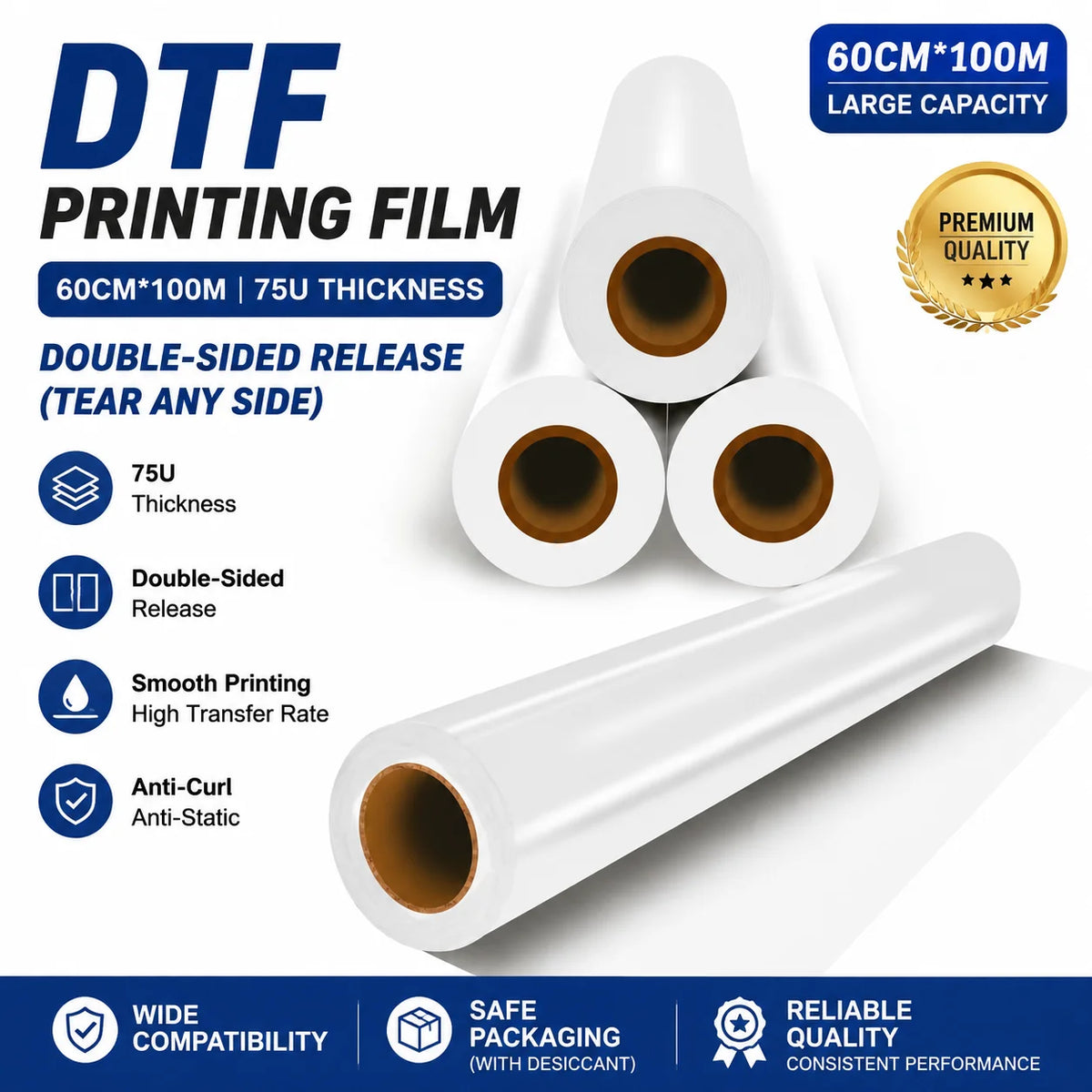 OCBESETJET 60CM*100M Waterproof Anti-Static Inkjet Hot Peel Film DTF PET Film Roll 75U Thickness Double-sided Matte Roll Film MegaBDM