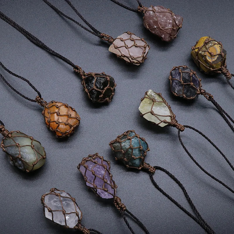 Healing Amethyst Gemstone Handmade Leather Wrap Net Bag Necklace Spiritual Rose Quartz Necklace for Men Bride Jewelry Gift