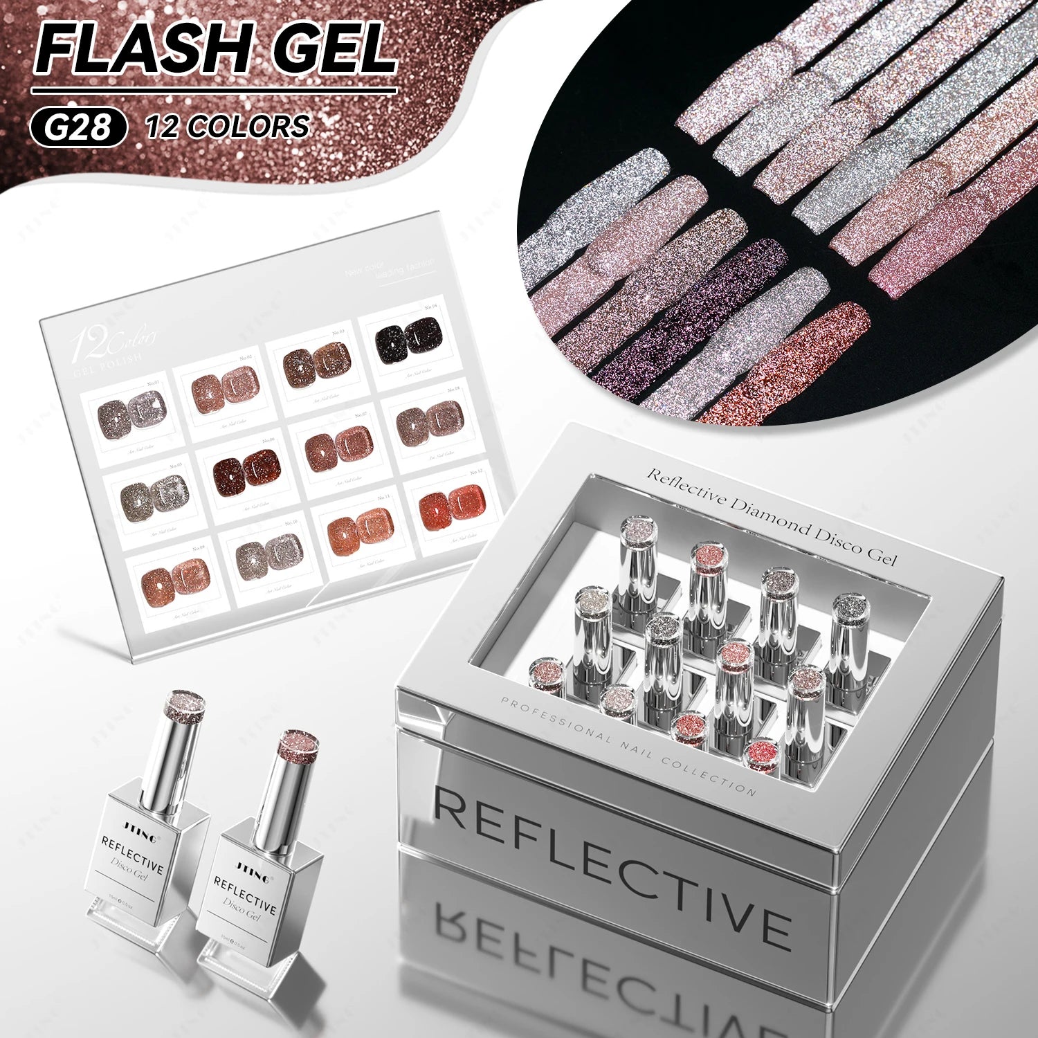 JTING Super Popular 12colors Reflective Disco Gel Polish Collection Unique Laser Set Box OEM Gel Nail Polish Supplies