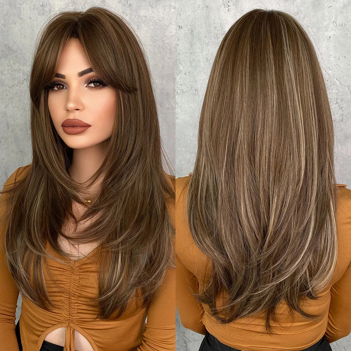 Wholesale Honey Blonde Wig With Bangs Long Brown Wigs for WomenLayered Heat Resistant Synthetic Wigs Pelucas Perruques Peruca
