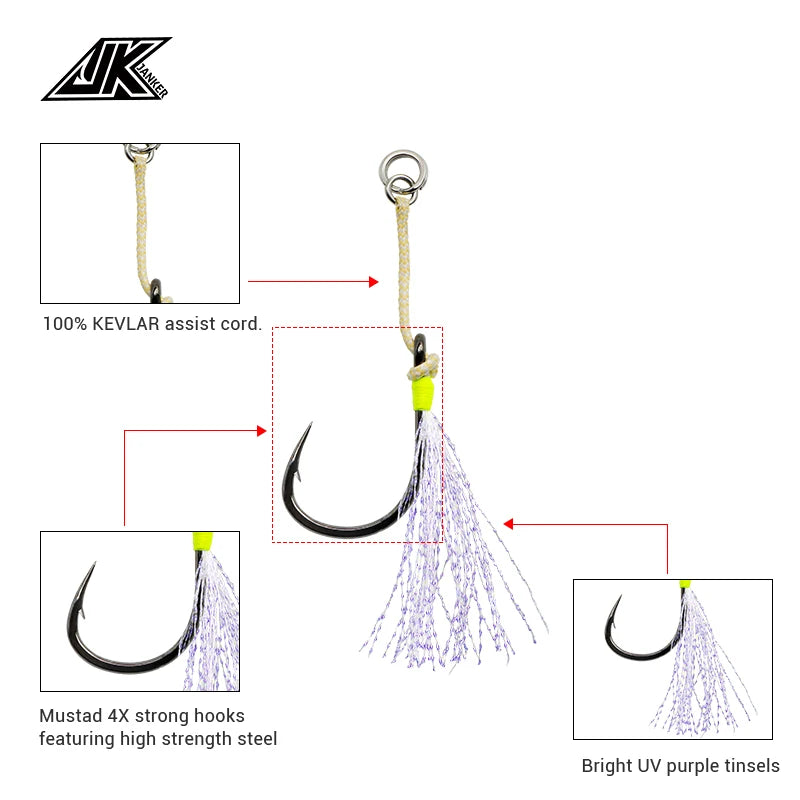 Wholesale Mustad PAS-B Series Barbed Hooks High Strength Black High Carbon Steel Slow Jigging Assist Sea Fishing Hooks