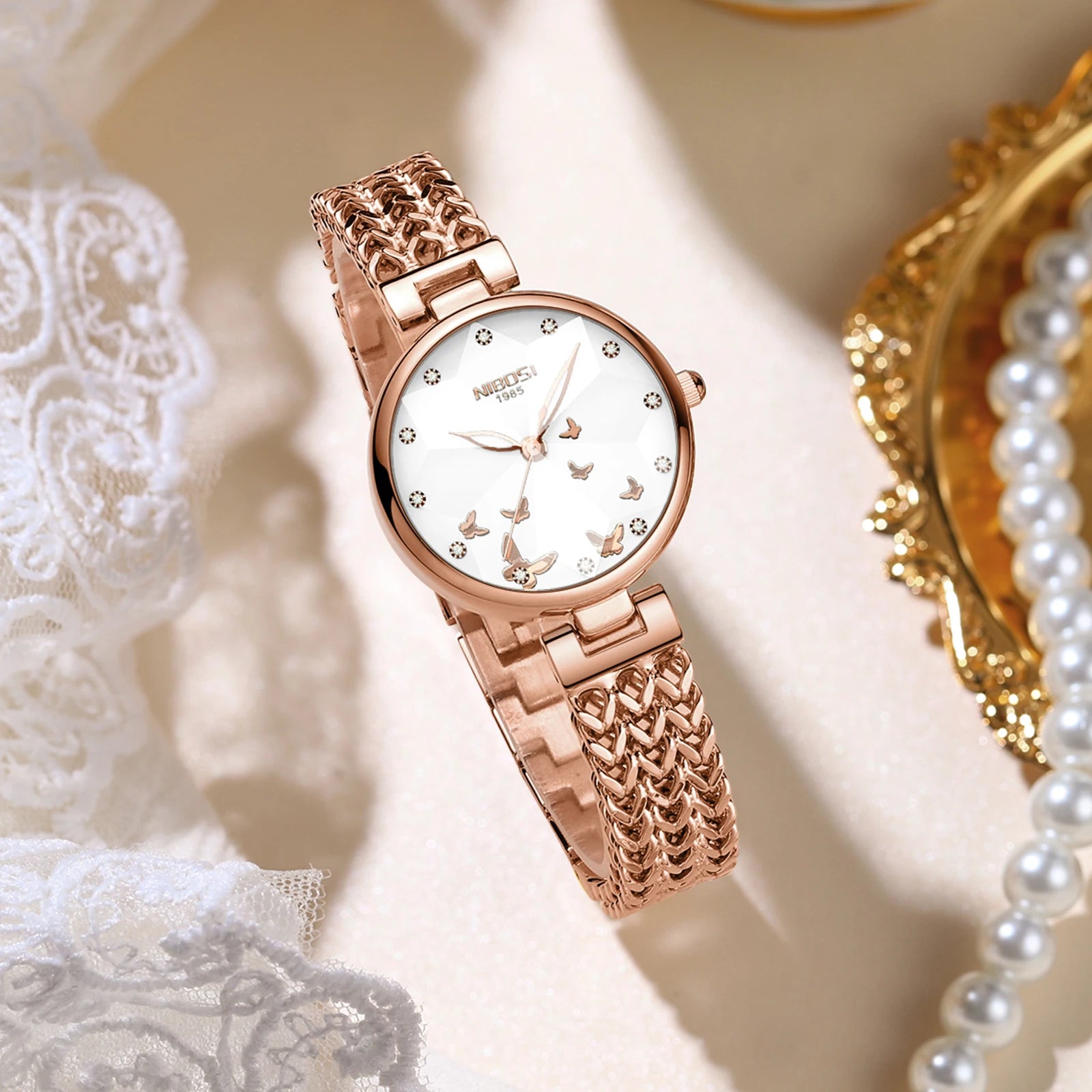 Nibosi 2635 Butterfly Dial Ladies Quartz Watches Stainless Steel Bracelet Waterproof Diamond Shaped Glass Women Watch
