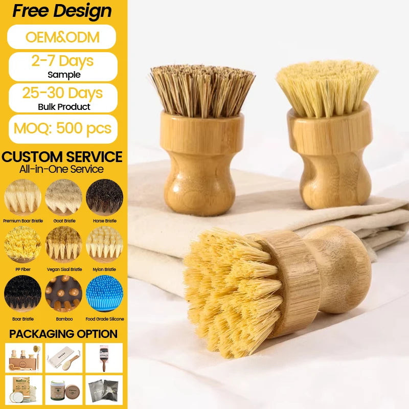 Low MOQ Kitchen Cleaning Dish Brush Set Bamboo & Wood Pot Brush Sisal Bristle Hand Design Style Cleaning Tools for Home Bathroom