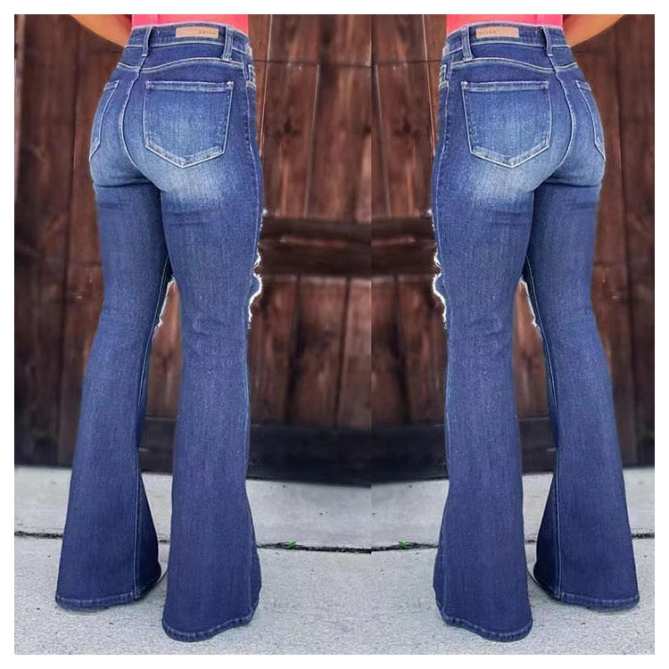 Ripped Casual Denim Flare Jeans Women Spring Summer High Waist Elastic Breathable Washed