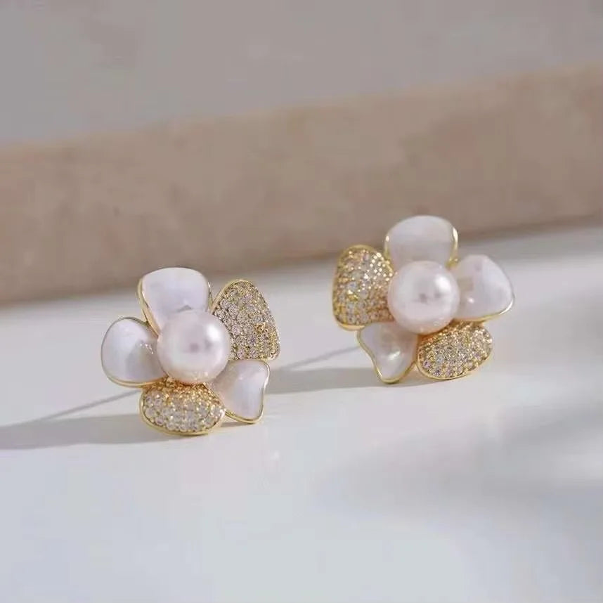 Micro Set Zircon Flower Shell Stud Earrings with Natural Freshwater Pearl Stud Earrings Women's Pearl Jewelry