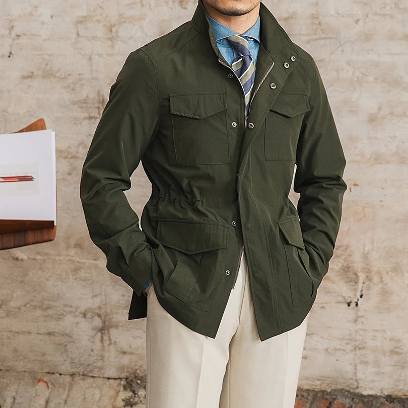 Men's Retro Winter Bomber Jacket Waterproof Spring Summer Light Stand Collar Waist Hanging Half Long With Woven Fabric