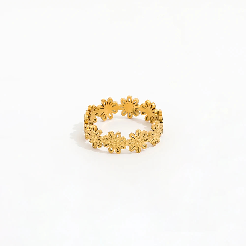 High End 18K Plain Gold Daisy Sand Finish Hollow Rings Stainless Steel Trendy Simple Gold Plated Jewelry