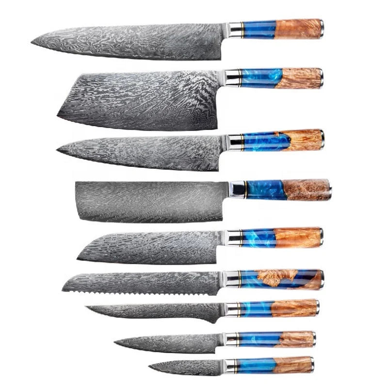 9-Piece Japanese VG10 Professional Kitchen Damascus Knife Set with Resin Handles