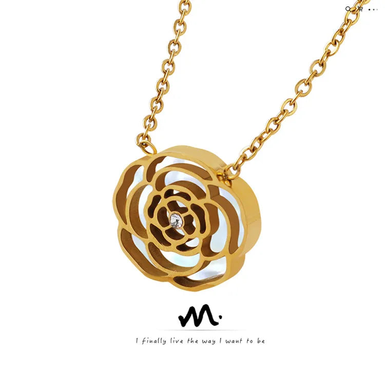 Wholesale China Custom Stainless Steel 18K Gold Plated Women Jewelry Zircon Mosaic Seashell Rose Pendant Long Necklace