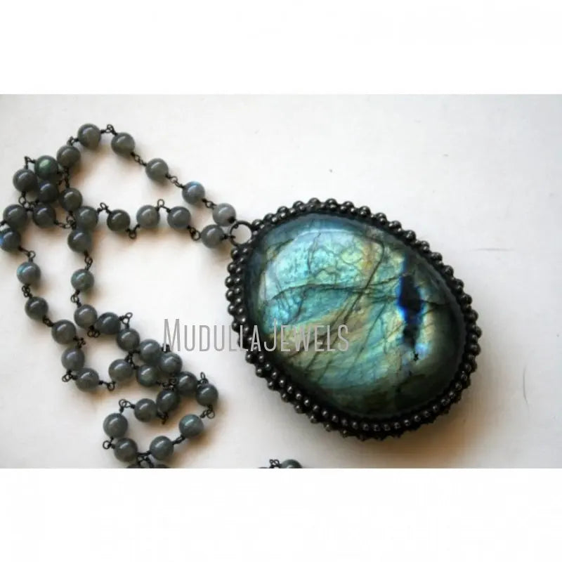 NM43398 Soldered Jewelry Natural Gemstone Rainbow Labradorite Oval Shape Beaded Necklace Antique Silver Plated Witch Wicca Gift