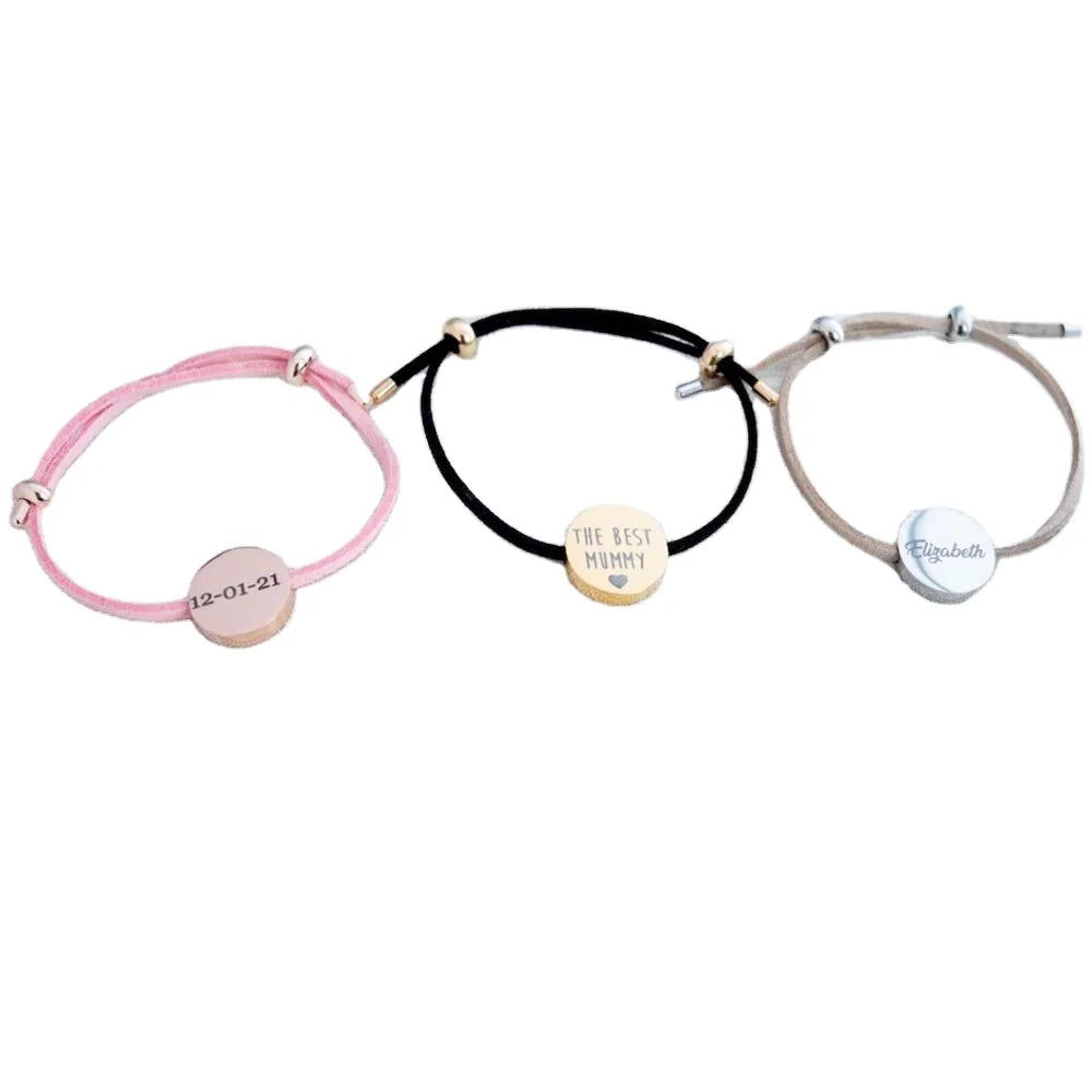 Stainless Steel Jewelry String Cord Round Disc Bracelet Custom Coin Charm Engrave King Queen Crown Bracelet for Women Men