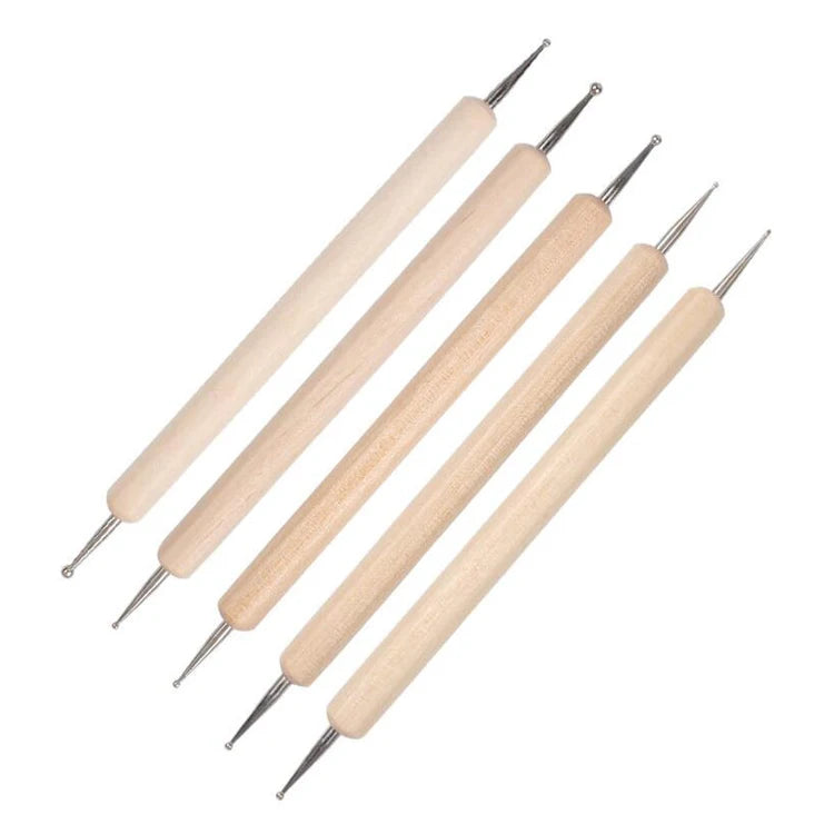 New Arrival Professional Double Head Wooden Dotting Nail Pen with Alloy Brush Pure Wood Handle Nail Art Tools 5-Piece Set