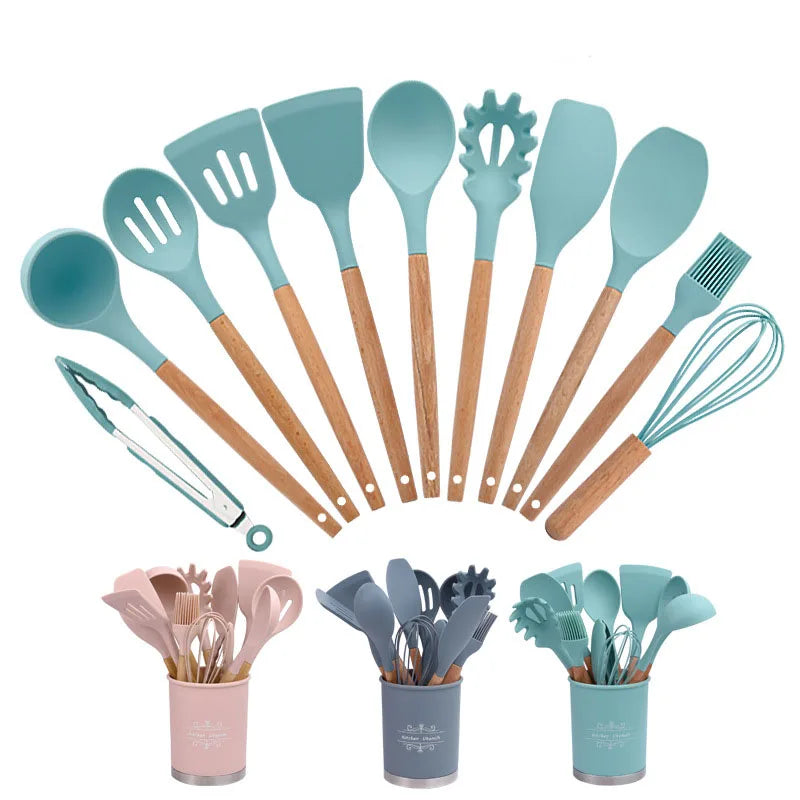 Wooden Kitchen Utensils Set Silicone Bamboo Tool Spoon Teak Wooden Utensils Spatula Set Silicone Tongs Utensils Set of 10 Freely