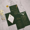 Luxury Custom Design Dark Green Emerald Wedding Invitation Cards Suite with Gold Foil Vellum Envelope Menu Embossed  Wax Seal