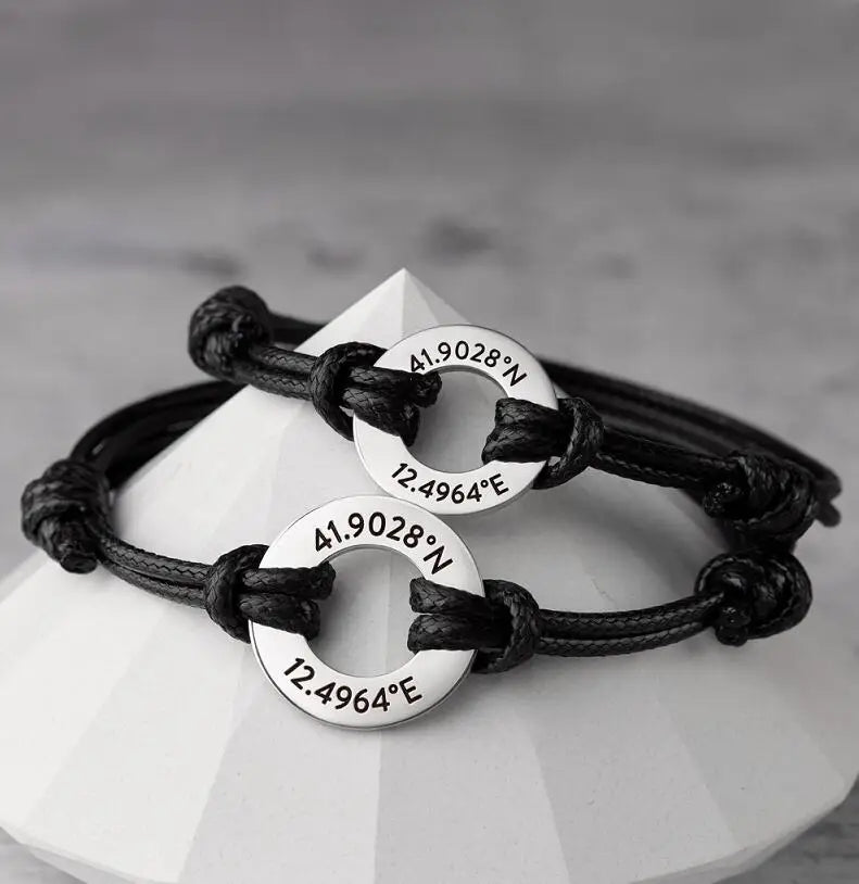 Inspire Jewelry Couple Bracelets Custom Coordinates Bracelet Handmade Circle Charm Bracelet With Wax Rope Adjustable