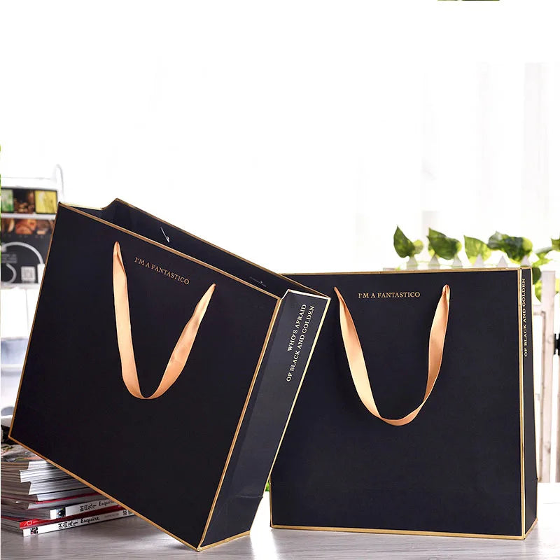 Custom Printed Black Cardboard Paper Bags Luxury Shopping Bags Own Logo Low MOQ Shoe Packaging Supermarket Made Brown Kraft