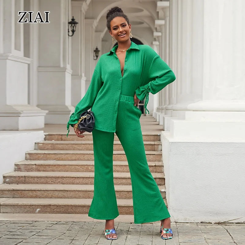 New Solid Color Lapel Single Breasted Long Sleeve Tie Top Women Fashion Trousers Set