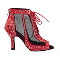 New Arrival Professional Latin Salsa Ballroom Dance Shoes Women 7cm Heel Red Satin Rhinestone Genuine Leather Evkoodance