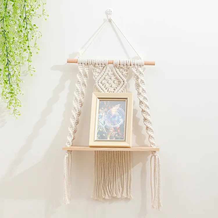 Macrame Wall Hanging Plant Decor Shelf Indoor Outdoor Floating Wood Shelve Decorative Hand Made Rope Boho Shelving for Plants
