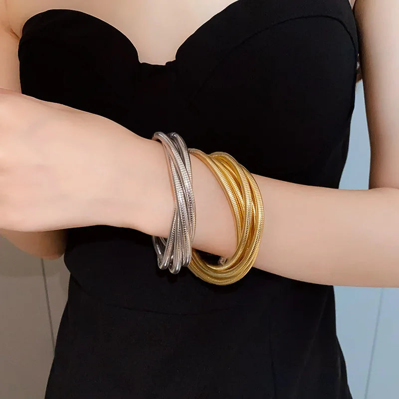 Vintage Multilayer Elastic Bracelets Bangle for Women Hip Hop Trendy Metal Spring Bracelet Jewelry (KB8569)