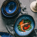 Wholesale Blue Underglaze Color Irregular Porcelain Fruit Salad Show Platter Sushi Pasta Steak Serving Tray Ceramic Flavor Dish