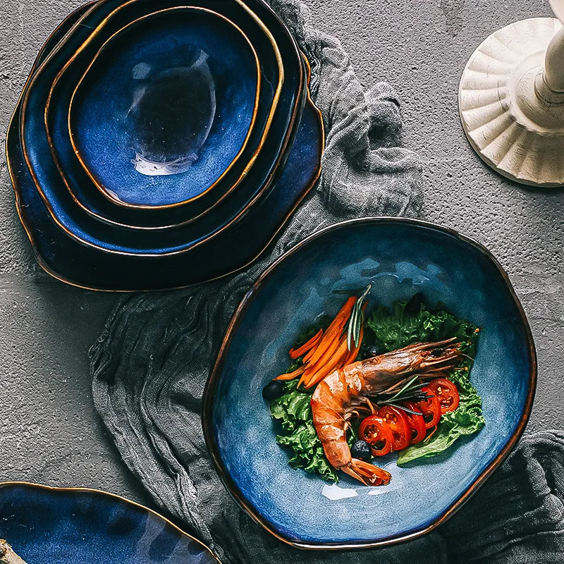 Wholesale Blue Underglaze Color Irregular Porcelain Fruit Salad Show Platter Sushi Pasta Steak Serving Tray Ceramic Flavor Dish