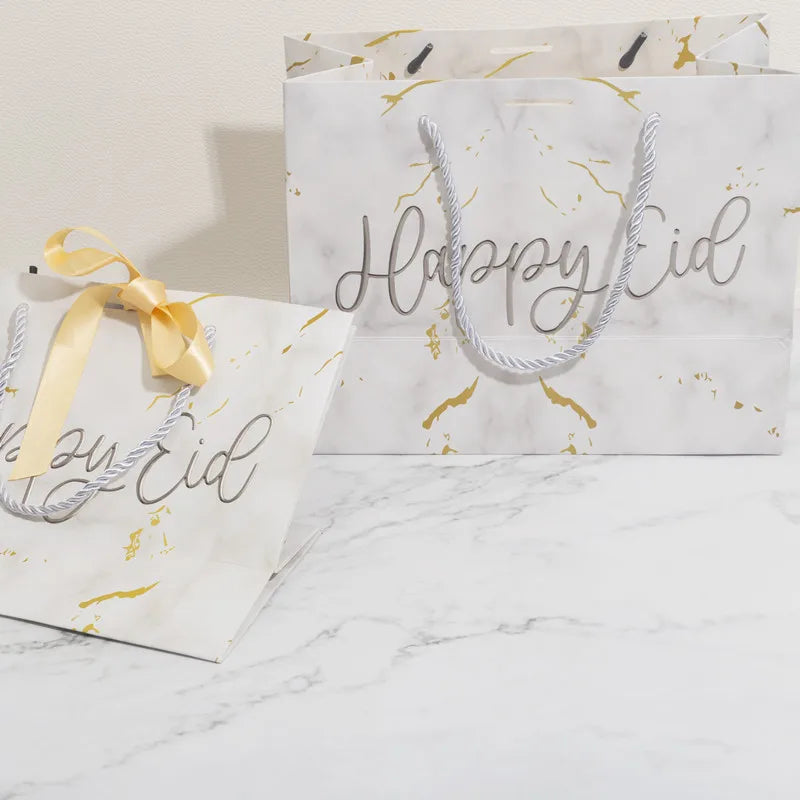 Custom Free Sample Printed Logo Portable Marble Effect Recycled Paper Bag with Ribbon