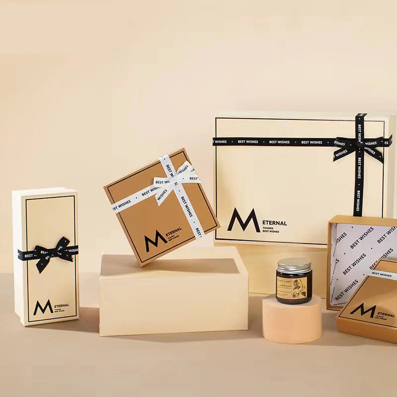 In Stock Onlocation Travel Packaging Box Simple Beige Cosmetic Perfume Bottle Box Sets Thank You Gift Paper Box With Ribbon Bow