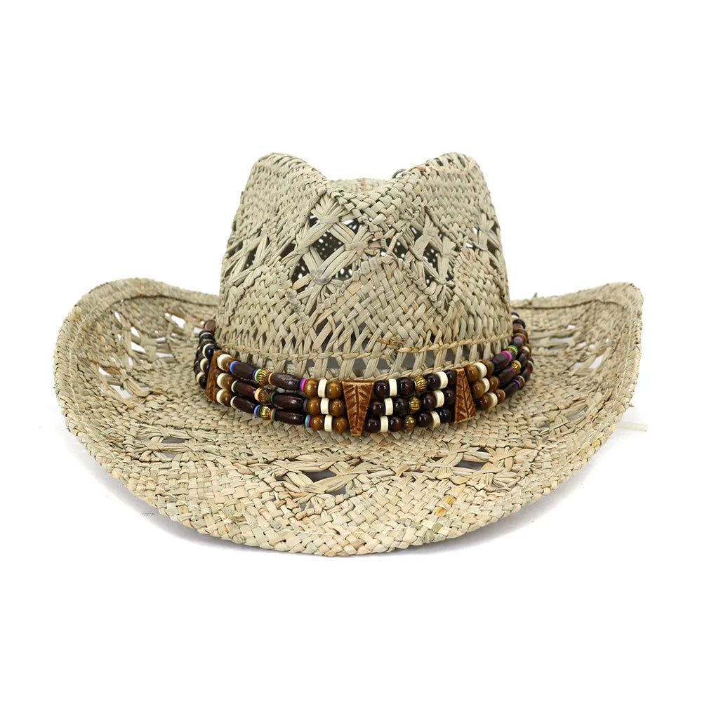 Summer New Fashion Hollow Out Design Mexican Cowboy Hat Natural Seagrass Straw Hat for Women Men Beach Resort Holiday Travel