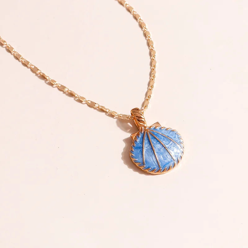 Trendy Pink Blue Enamel Fan Shell Pendants Necklaces Gold Color Chain Choker Necklace for Women Summer Beach Party Jewelry