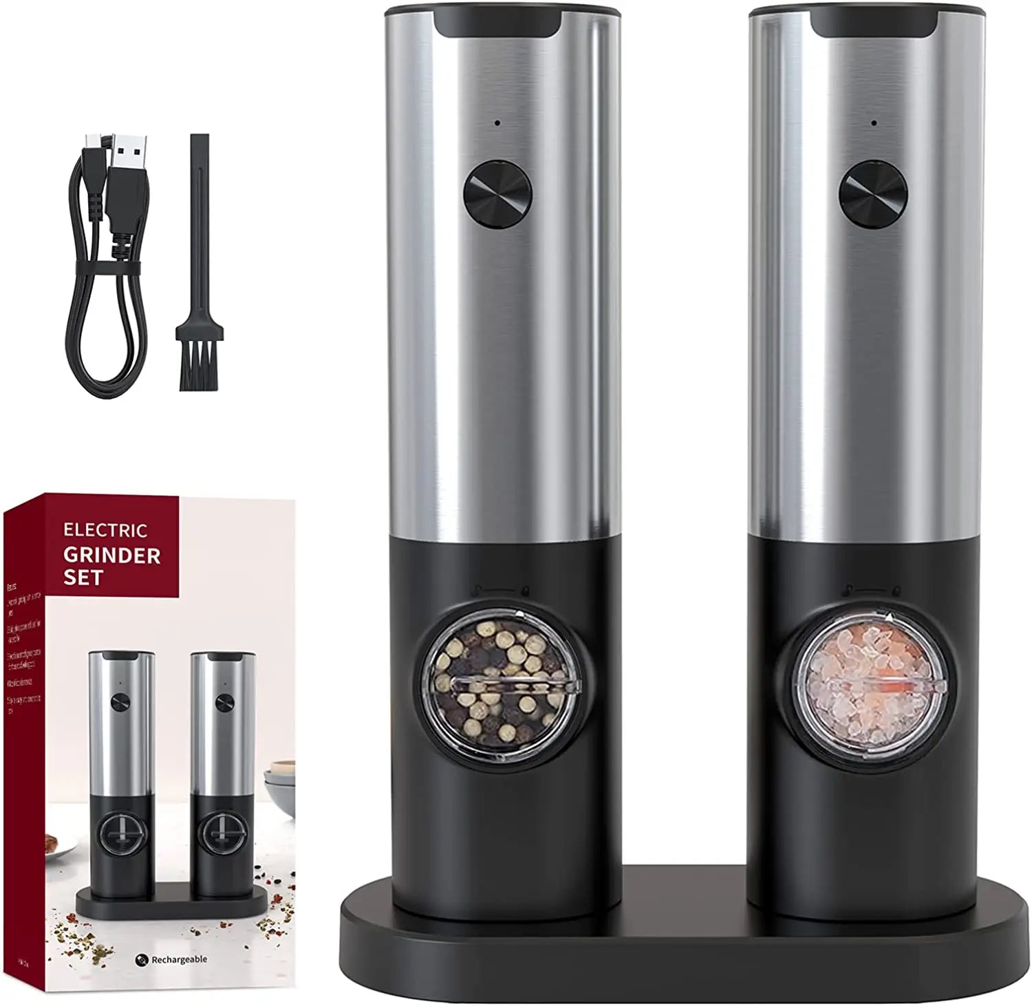 Electric Stainless Steel and Plastic Salt & Pepper Grinder Set with Blue LED Light Eco-Friendly
