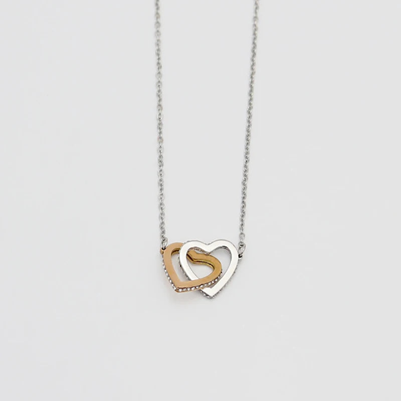 Interlocking Heart Necklace for Women Zirconia Jewelry Stainless Steel Silver and Rose Gold Color Double Heart Pendant Necklaces