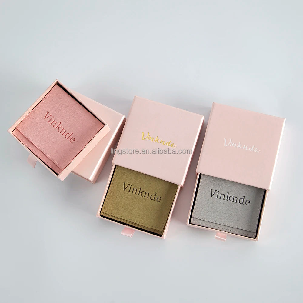 Hot Stamping Pink Sliding Drawer Paper Box Faux Suede Necklace Bracelet Packaging Pouch Luxury Microfiber Envelope Jewelry Bag
