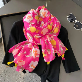 Newest Design Floral Print Head Scarves Wraps for Women pink Flower Printed Cotton Voile Scarf Beach Shawl Muslim Fringe Hijabs