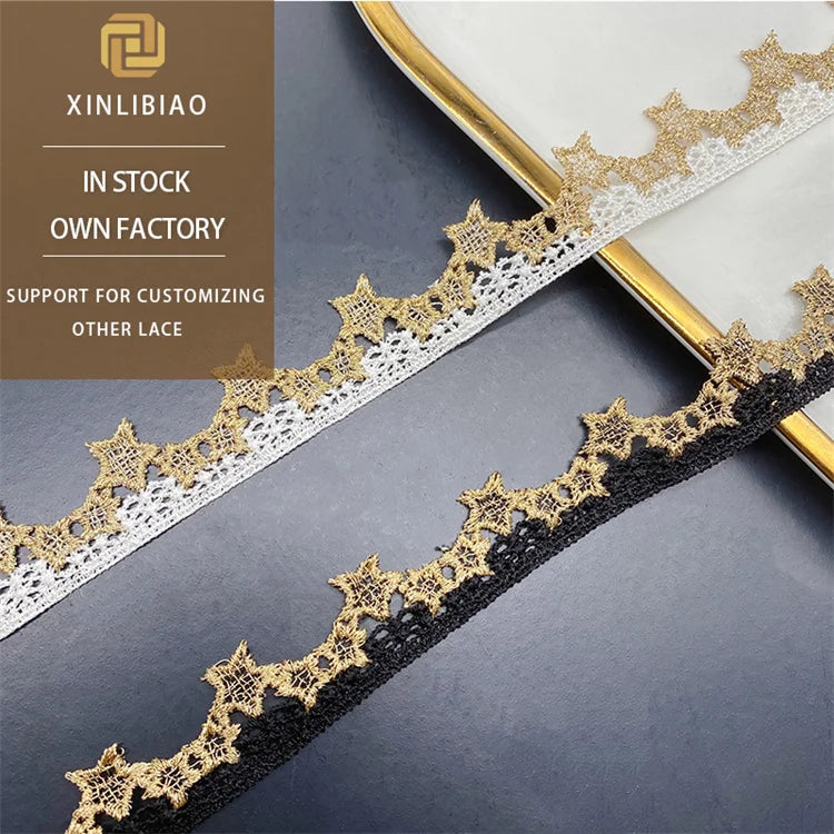 Unilateral Gold Thread Embroidery Lace Star Bar Code Water Soluble Mesh for Wedding Clothing Accessories In-Stock Lolita Lace