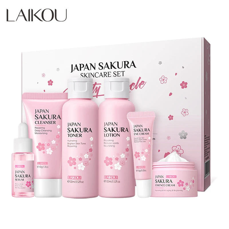 Laikou Japan Sakura Facial Products for Professionals Vegan Skin Care Set 6pcs Hydrating Anti-aging Brightening Repairing Cream