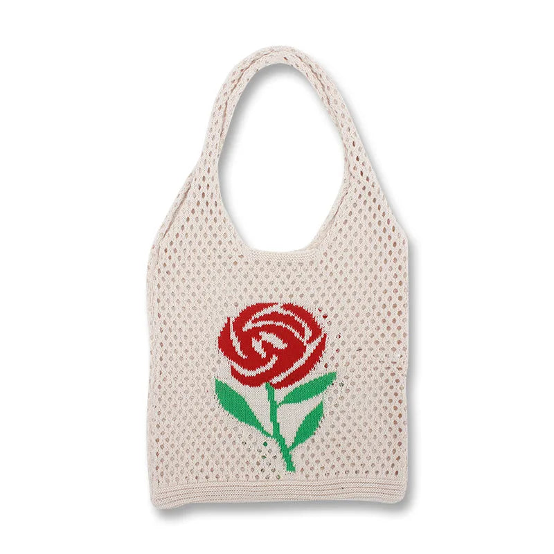 Women's Customizable Vintage Fashion Knitted Shoulder Bag Hollow Flower Pattern Mesh Beach Bag Two Handles Open Summer Ladies