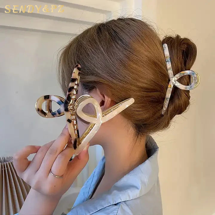 Korean Women 11cm Large Tortoise Shell Hair Claws Crab Leopard Big Claw Hollow Jumbo Metal Acetate Hair Claw Clips